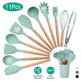11Pcs Silicone Cooking Utensil Set Heat Resist Wooden Handle Silicone Spatula Turner Ladle Spaghetti Server Tongs (Option: LightGreen)